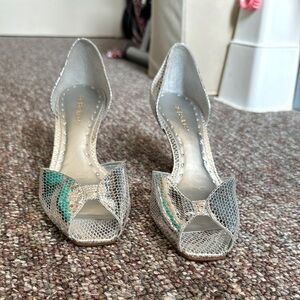 BCBG Girls kitten Elegant Peep-Toe Heels in Silver by [BCBG]